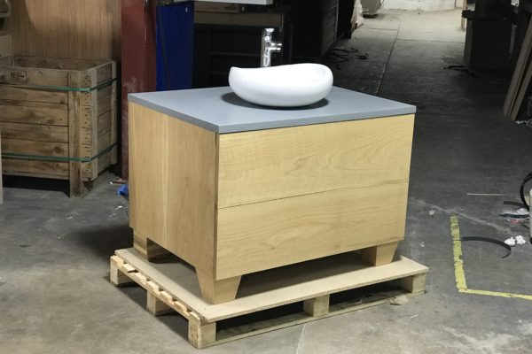 solid oak vanity unit with solid surfcae worksurface